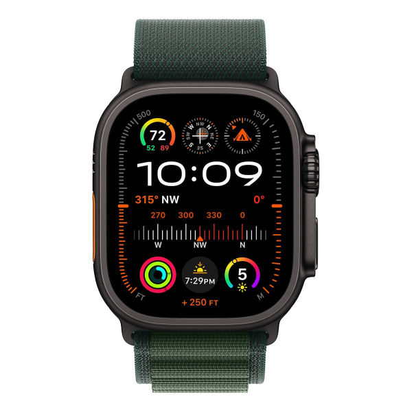 Apple Watch Ultra 2 (2024), 49 мм корпус из титана цвета «Black», ремешок Alpine Loop размера L цвета «Dark Green»