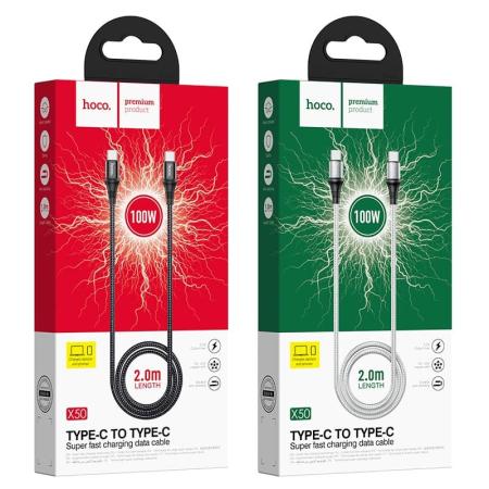 Кабель hoco. Type-C – Type-C, 2.4A, 2 м (X50) Белый
